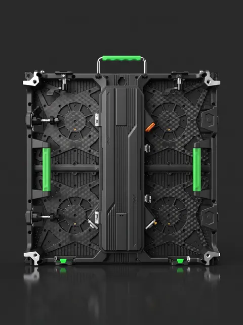 Dos de la dalle 500 × 500 mm : quatre ventilateurs et poignées vertes.
