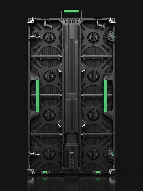 Dos de la dalle 500 × 1000 mm : huit ventilateurs, poignée et loquets verts.