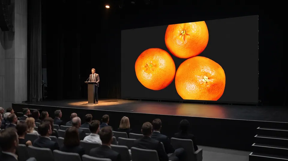 Conférence d’entreprise avec un écran LED très large derrière la scène.