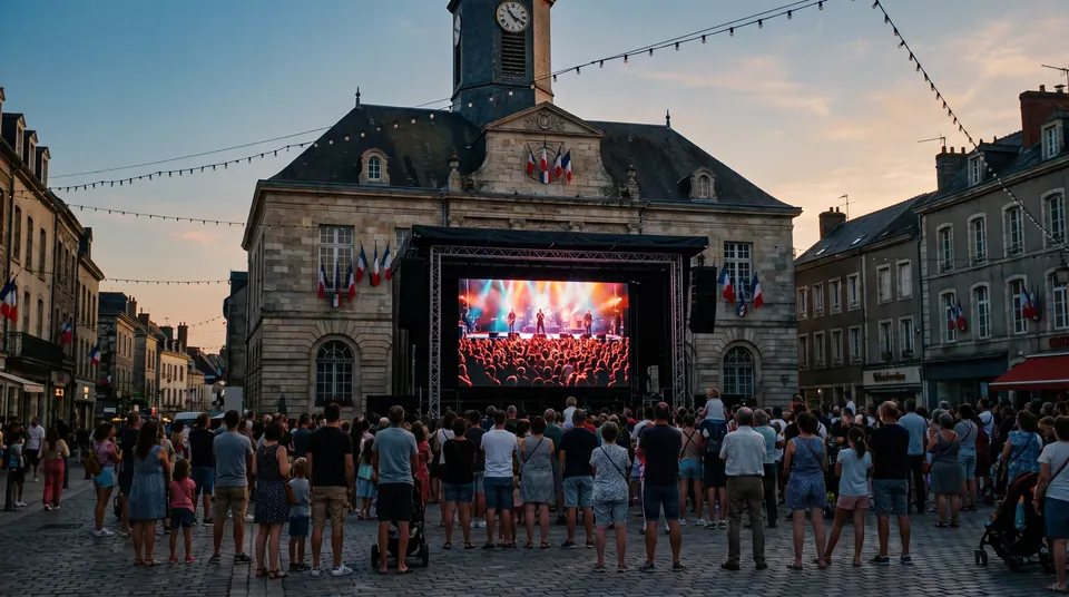 Un écran LED installé sur une place de village sur la place d’une ville, avec des habitants réunis pour une retransmission.
