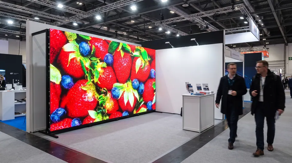 Stand de salon sobre dont le mur du fond est entièrement occupé par un écran LED.